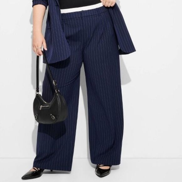 Wild Fable High-Rise Wide Leg Boxer slacks pants Trouser Navy Blue Pinstripe XXL - Picture 1 of 12